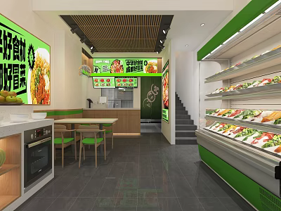 Fresh Nutritious Tasty Restaurant With Open Kitchen Vegetable Display And Modern Seating 3d model