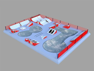 Skatepark Layout With Multiple Ramps Red Borders And Skate Zones 3d model