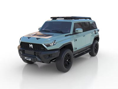 Light Blue Off-Road SUV With Roof Rack Black Wheels And Front Design 3d model