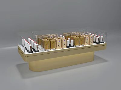 Elegant Display Shelf With Transparent Cover Golden Base And Neatly Arranged Products 3d model