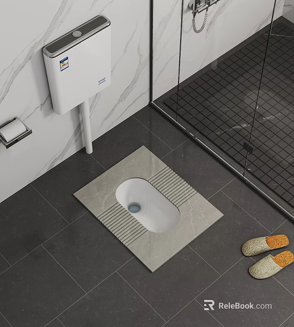 Modern Squat Toilet with Marble Wall Gray Floor Tiles and Shower Partition 3d model 