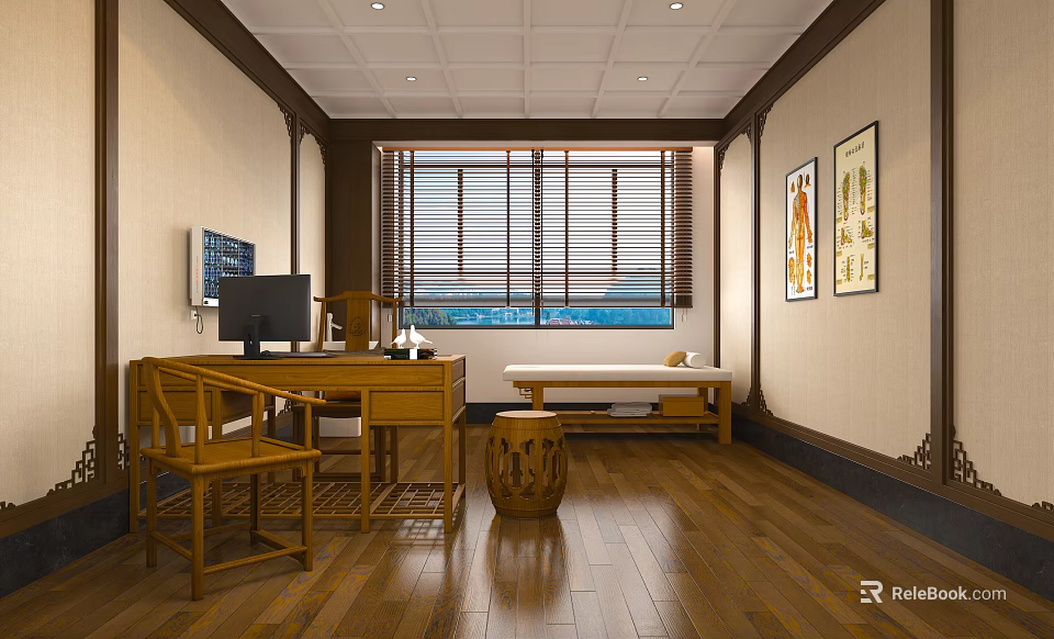 Traditional Chinese Interior With Wooden Desk Chair Bench Window Blinds And Decorative Paintings 3d model 