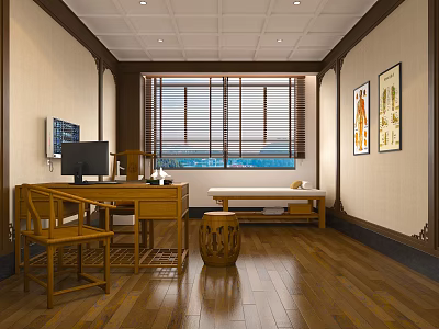 Traditional Chinese Interior With Wooden Desk Chair Bench Window Blinds And Decorative Paintings 3d model