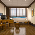 Traditional Chinese Interior With Wooden Desk Chair Bench Window Blinds And Decorative Paintings