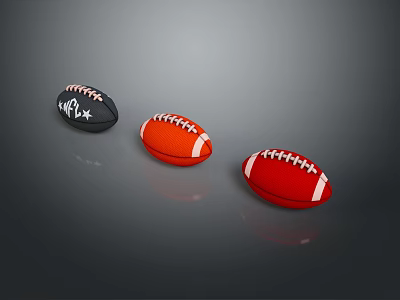 Vibrant Black Orange Red Rugby Balls Displayed On Gray Background Surface 3d model