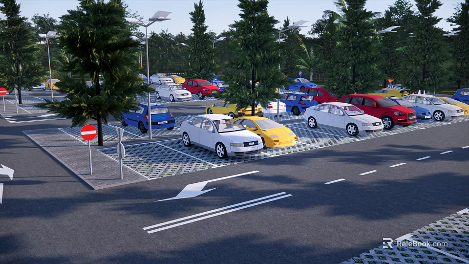 Ecological Parking Lot with Lush Trees Parked Colorful Cars Grid Paved Ground and Street Lamps 3d model 
