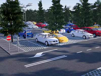 Ecological Parking Lot with Lush Trees Parked Colorful Cars Grid Paved Ground and Street Lamps 3d model
