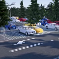 Ecological Parking Lot with Lush Trees Parked Colorful Cars Grid Paved Ground and Street Lamps