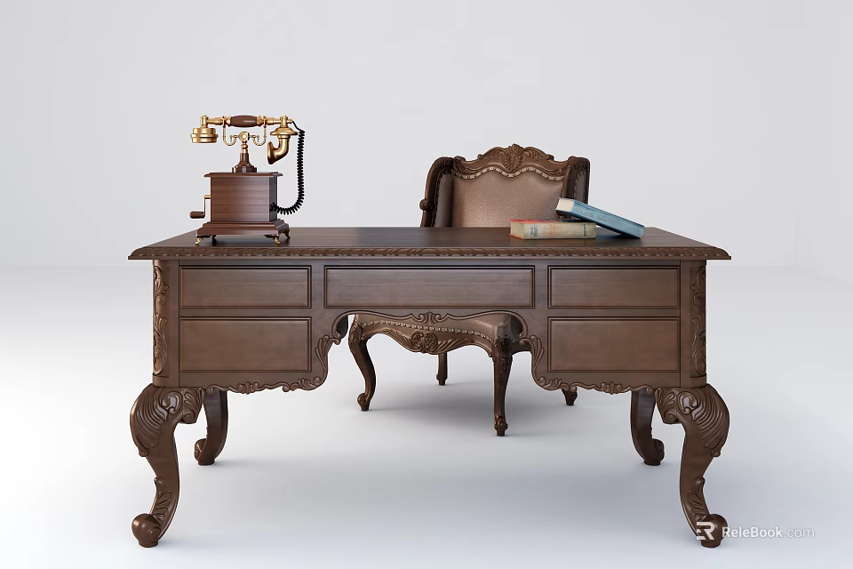 Classic Wooden Desk With Vintage Telephone Leather Chair And Carved Legs 3d model 