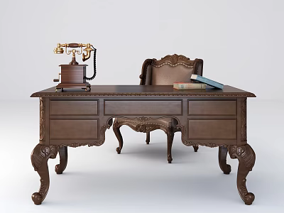 Classic Wooden Desk With Vintage Telephone Leather Chair And Carved Legs 3d model