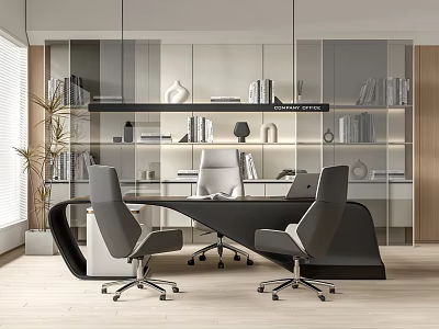 Modern Office Interior Design With Spacious Desk Ergonomic Chairs And Bookshelves 3d model