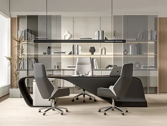 Modern Office Desk and Chair Desk and Chair Class Desk Bookcase Bookshelf Office Chair Computer Office Chandelier 3d model