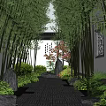 Tranquil Garden Landscape Featuring Bamboo Grove Stone Pathway Rock Formations And Green Plants