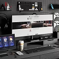 Modern Computer Workstation Setup With Dual Monitors Keyboard Headphones And Game Controllers 3d model