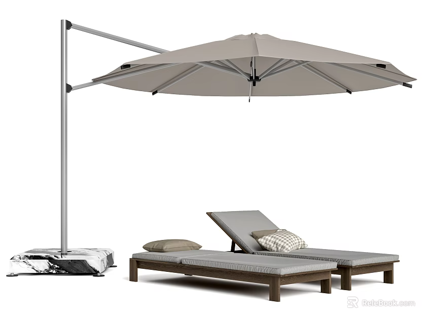 Pair of Outdoor Wooden Sun Loungers With Soft Cushions And Cantilever Umbrella 3d model 