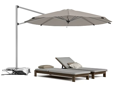 Pair of Outdoor Wooden Sun Loungers With Soft Cushions And Cantilever Umbrella 3d model