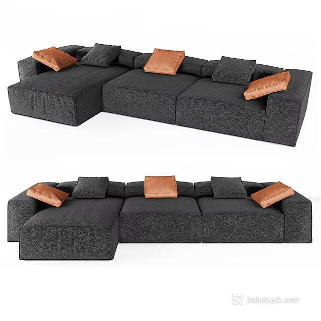 Dark Gray L shaped Sectional Sofa With Modern Design And Orange Accent Pillows 3d model