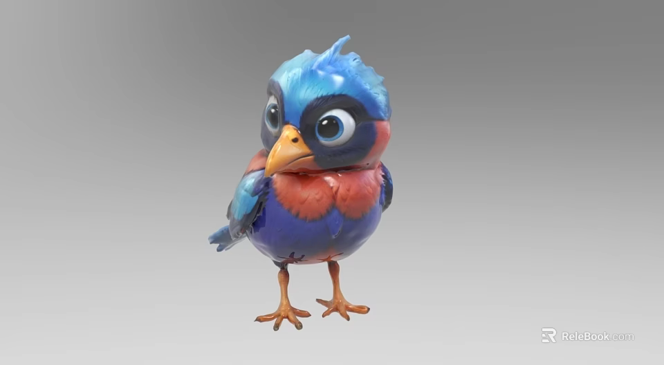 Cute Colorful Cartoon Bird With Big Eyes Blue Red Feathers And Orange Beak Claws 3d model 