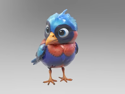 Cute Colorful Cartoon Bird With Big Eyes Blue Red Feathers And Orange Beak Claws 3d model