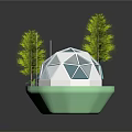 Cartoon Scene With White Geodesic Domes Green Trees And Orange Deer On Green Platform Base