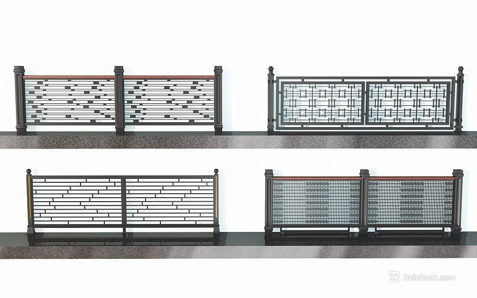 Modern Decorative Metal Fences With Geometric Grid Patterns And Wood Accents 3d model 