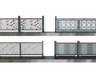 Modern Decorative Metal Fences With Geometric Grid Patterns And Wood Accents 3d model
