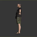 A Man Wearing Black T-shirt And Camouflage Shorts With Arms Outstretched Carrying Black Bag