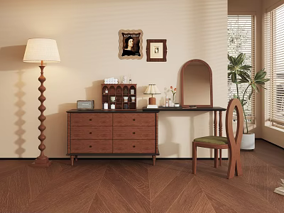 Wooden Vanity Dresser With Mirror Table Lamp Decorative Items Framed Art And Floor Lamp 3d model