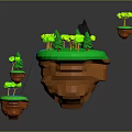 3D Fantasy Floating Island Scene With Green Grass Trees Blue Waterfall And Black Animal
