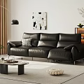 Modern Living Room Black Leather Three Seater Sofa with Plaid Cushion Wall Art Floor Lamp