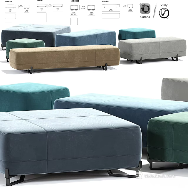 Modern Upholstered Ottoman Stools In Various Colors For Living Spaces 3d model 