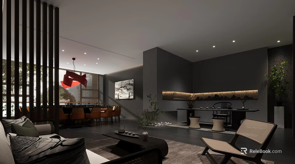 Elegant Modern Private Box Interior With Dark Walls Sofa And Decorative Art 3d model 