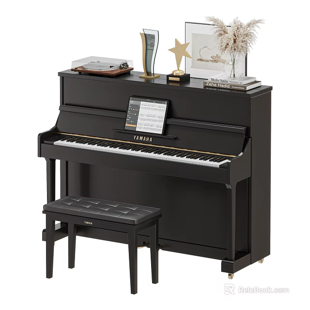 Black Yamaha Upright Piano With Sheet Music Black Stool Trophy And Star Decorations 3d model 