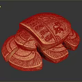 Carved Golden Turtle Sculpture with Intricate Details and Surrounding Gold Coins