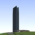 Modern Tall Office Building With Glass Facade And Base Structure Surrounded By Green Lawn Area