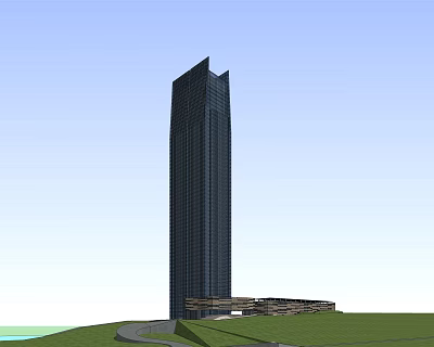 Modern Tall Office Building With Glass Facade And Base Structure Surrounded By Green Lawn Area 3d model