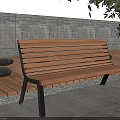 Outdoor Wooden Landscape Bench With Wooden Deck Black Stones Gray Stone Wall and Green Plants