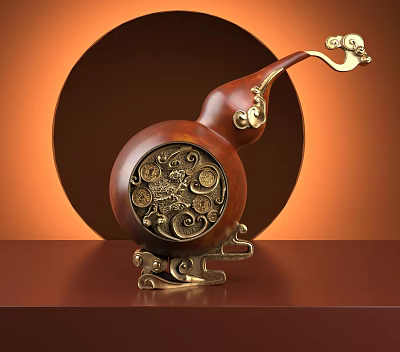 Traditional Brass Gourd Decorative Ornament With Golden Accents And Circular Background 3d model