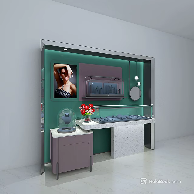 Modern Green And Gray Display Shelves With Glass Showcase Red Flower Decorations And Light Strip 3d model 