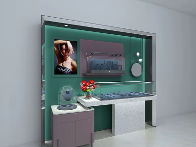 Modern Green And Gray Display Shelves With Glass Showcase Red Flower Decorations And Light Strip 3d model