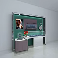 Modern Green And Gray Display Shelves With Glass Showcase Red Flower Decorations And Light Strip