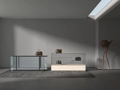 Functional Desk With Glass Top In Gray Room Featuring White Shelf Sculptural Decor And Skylight 3d model