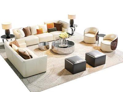 Modern Sofa And Coffee Table Set With Beige Upholstery Colorful Cushions Armchairs Ottomans Floor Lamps 3d model
