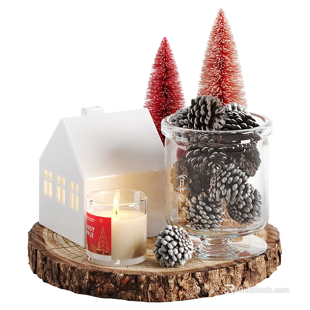 Christmas Decorative Items White House Model Lit Candle Pine Cones Red Trees On Wooden Base 3d model 