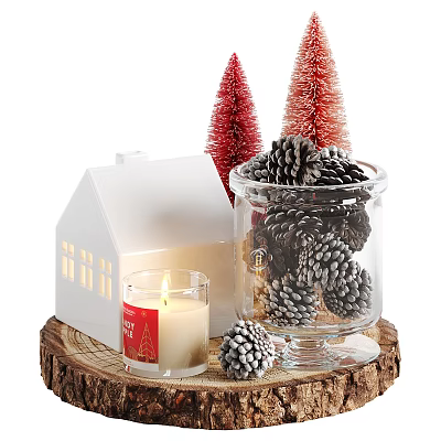 Christmas Decorative Items White House Model Lit Candle Pine Cones Red Trees On Wooden Base 3d model