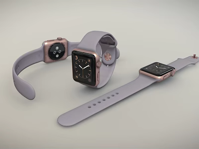Smart Watches In Multiple Styles With Gray Straps Rose Gold Cases And Black Dials 3d model