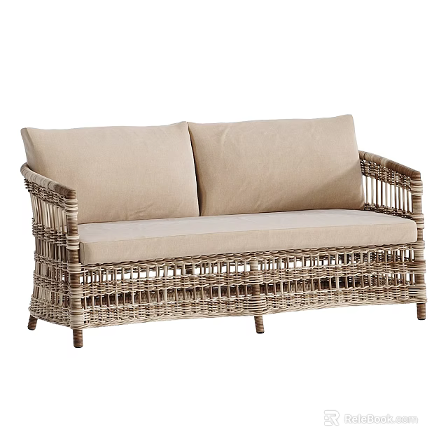 Natural Rattan Two Seater Sofa With Light Beige Cushions And Simple Design 3d model 