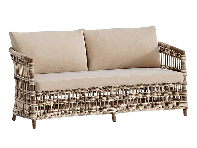 Natural Rattan Two Seater Sofa With Light Beige Cushions And Simple Design 3d model