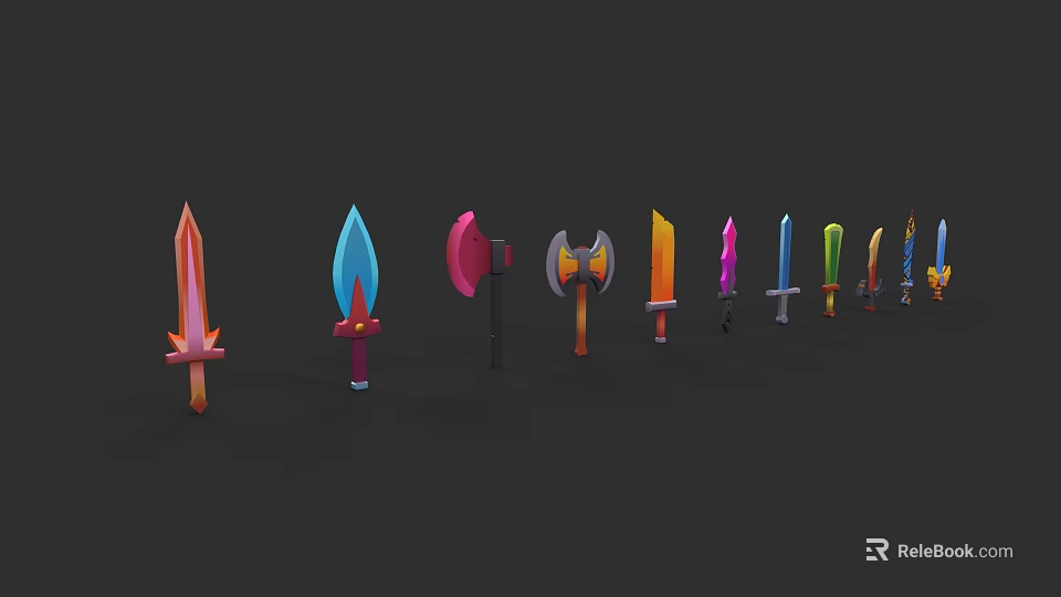 Colorful 3D Rendered Weapons Swords Axes Hammers Arranged On Black Background 3d model 
