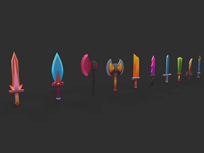 Colorful 3D Rendered Weapons Swords Axes Hammers Arranged On Black Background 3d model